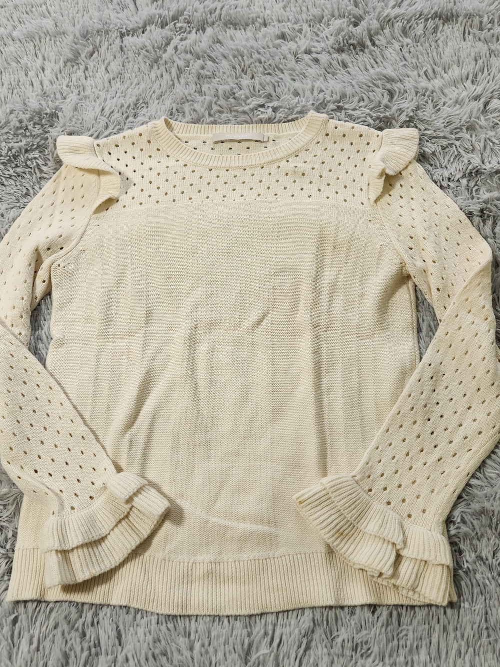 One Grey Day Cream Crewneck Open Weave Sleeves Ruffle Detail Sweater